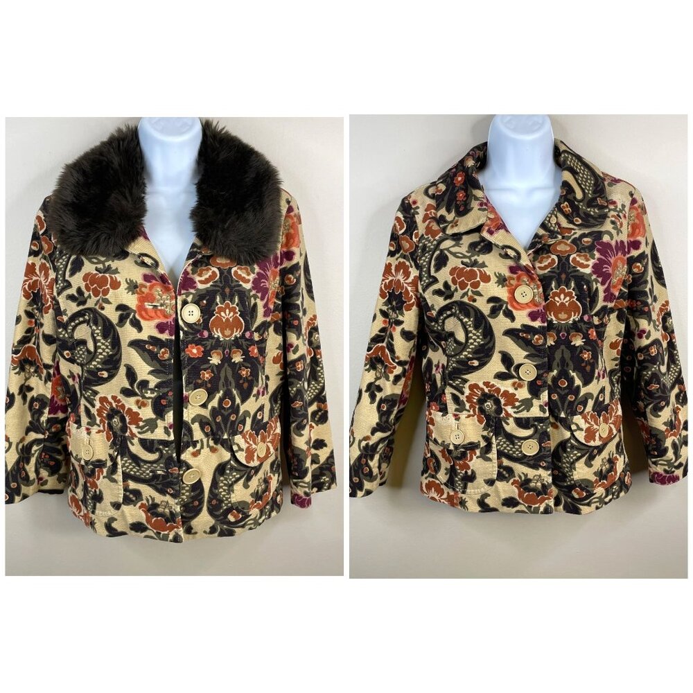 Vintage Women Faux Fur Collar Corduroy Jacket Size 8P Floral Phoebe Buffay Funky